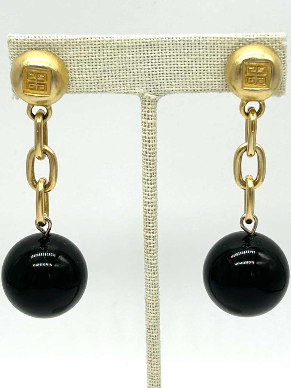 Givenchy Vintage Black Ball Drop Brushed Gold Earrings